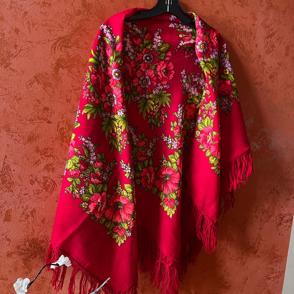 Floral Red Shawl with Fringe